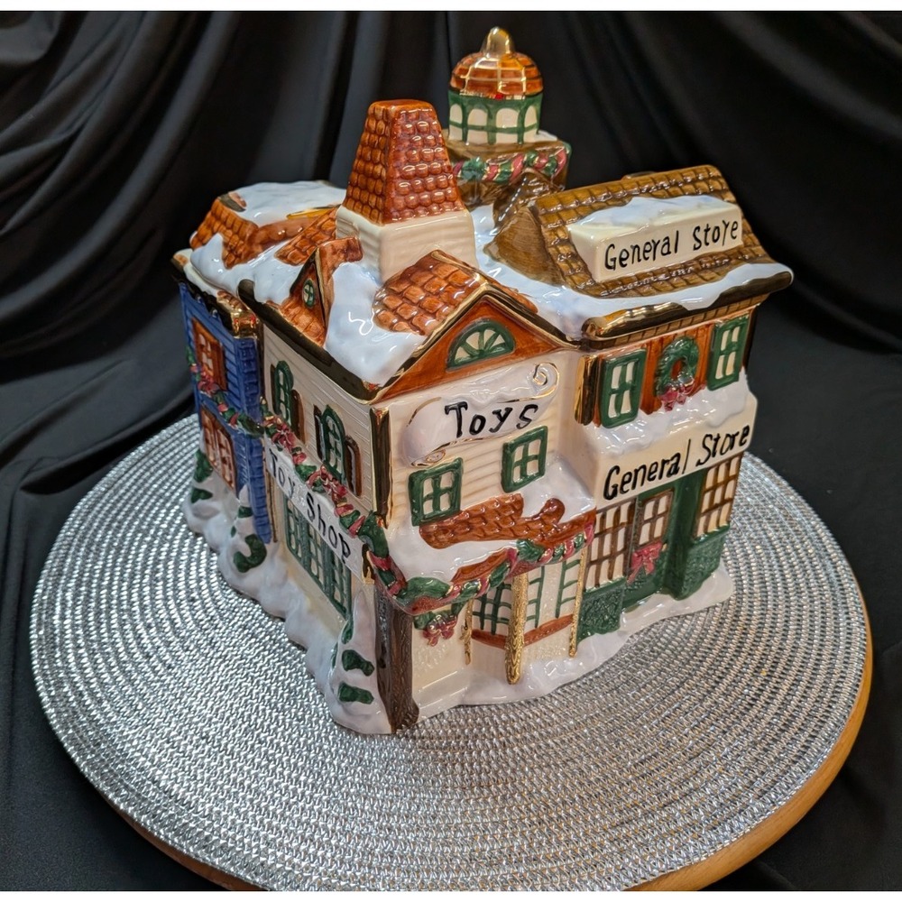 Vintage 2001 Charter Club Winter Garland Ceramic Cookie Jar Christmas Village